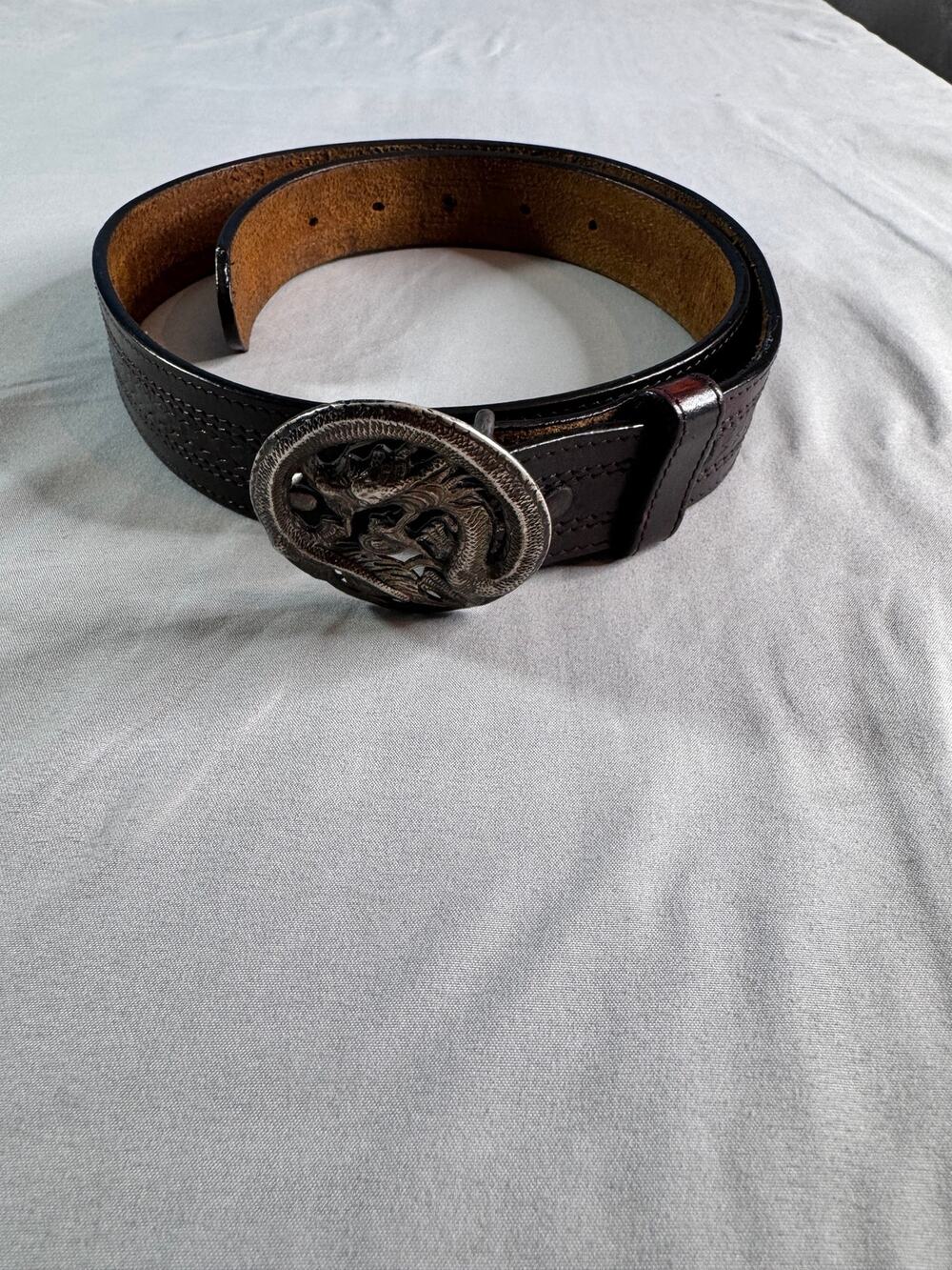 Vintage Leegin Leather Belt Size 32 Dragon Buckle Brown Western Boho